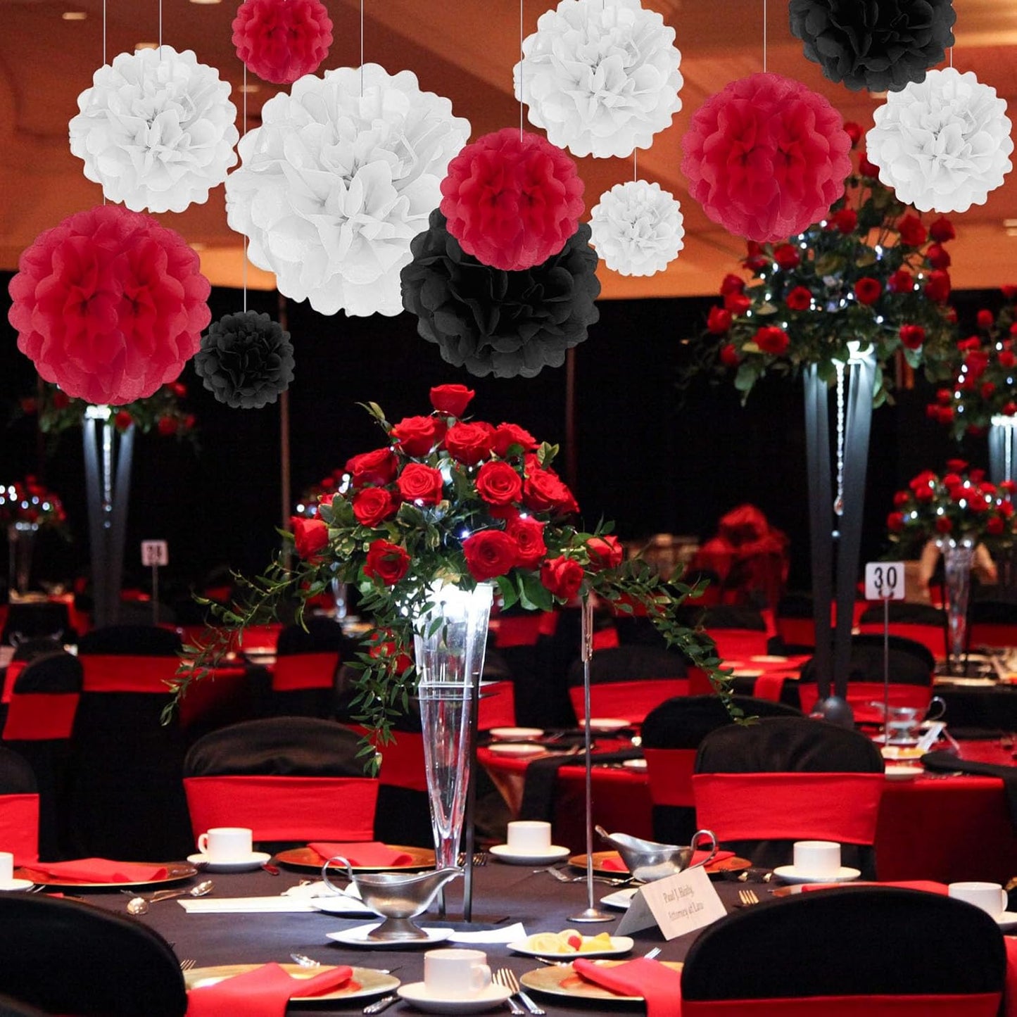 Tissue Paper Pom Poms, Black White Red Tissue Paper Flowers, Hanging Flower Balls for Weddings Fiesta Parties Birthday Baby Showers Classroom Bridal Shower Decoration (18Piece Set-6/10/12/14Inch)