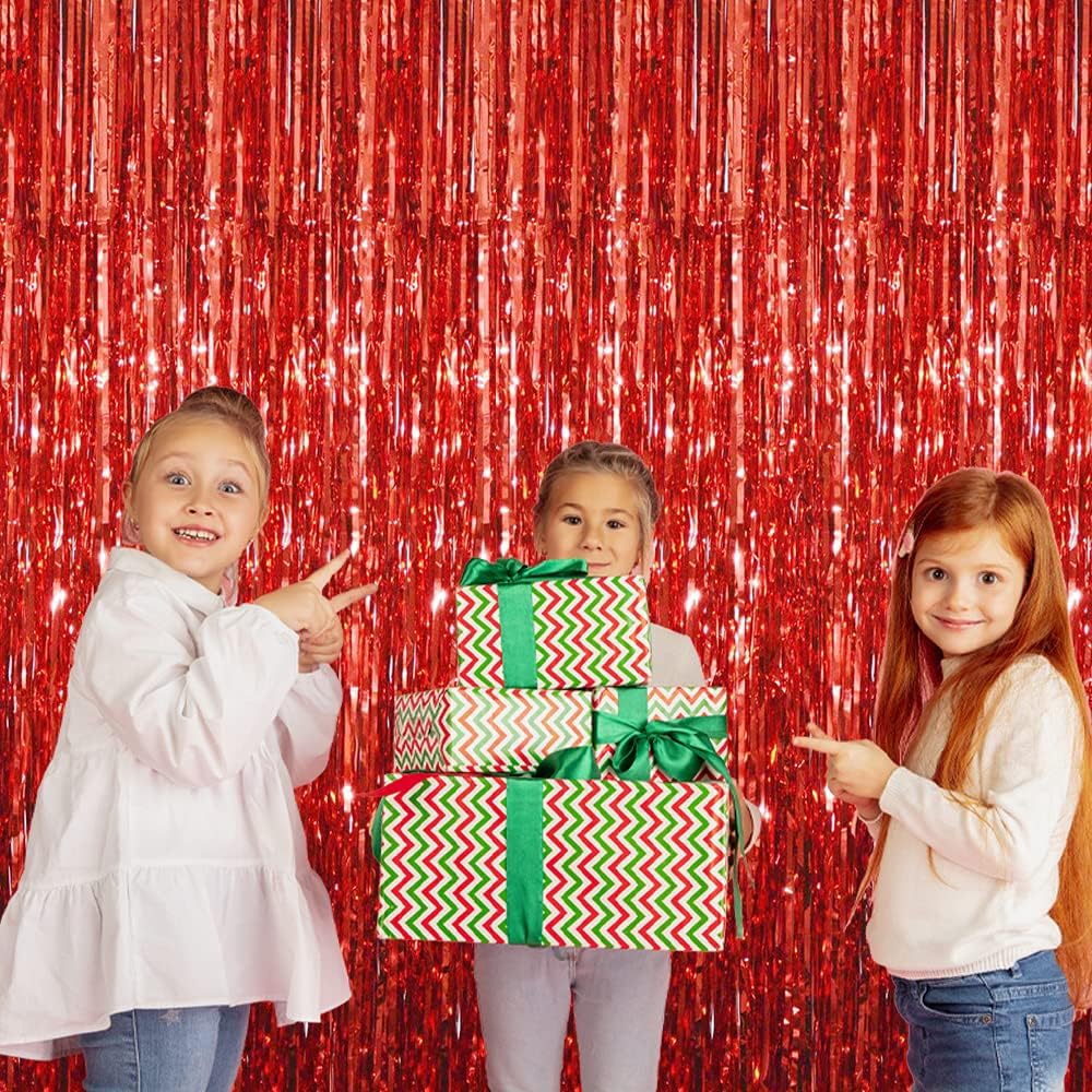 GOER 3.2 ft x 8.2 ft Metallic Tinsel Foil Fringe Curtains Party Photo Backdrop Party Streamers for Birthday,Graduation,New Year Eve Decorations Wedding Decor (5 Packs,Red)
