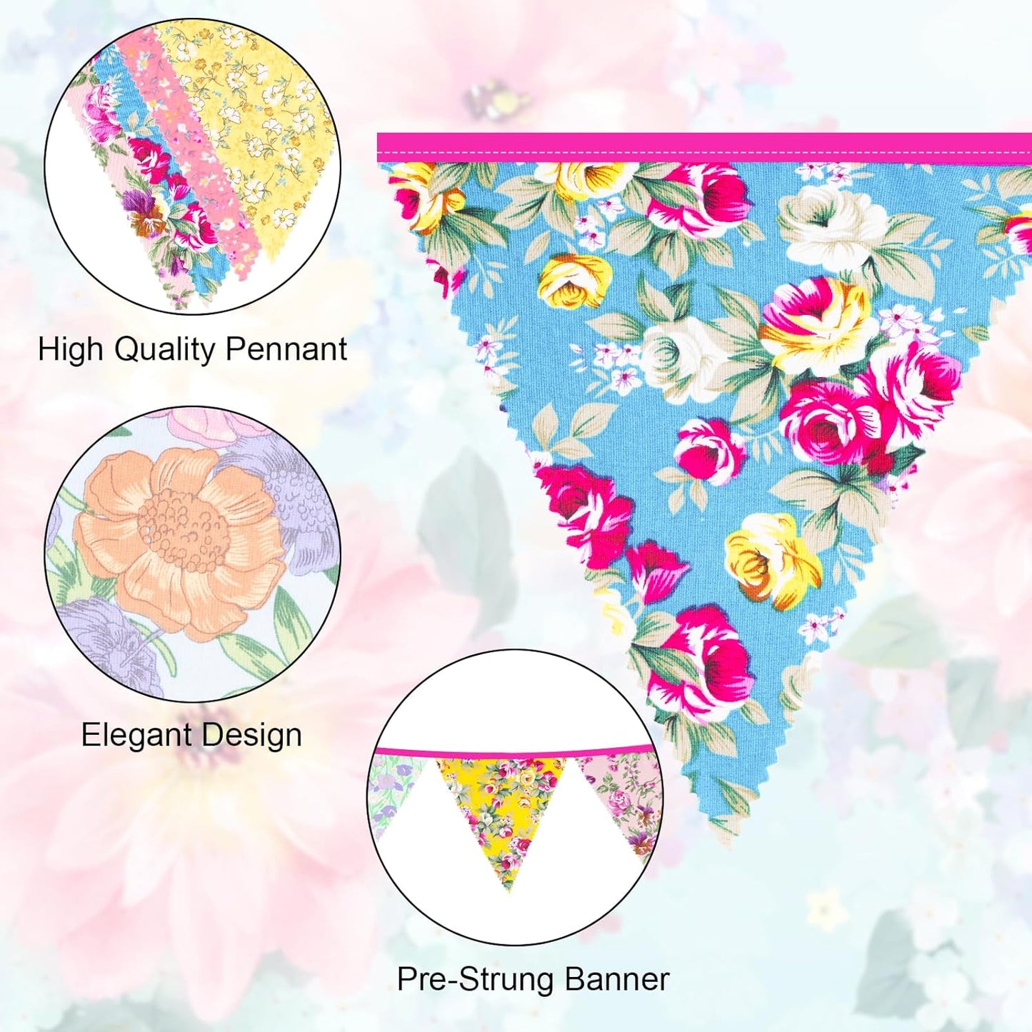 jijAcraft 39Ft Triangle Bunting Banner, 42Pcs Tea Floral Party Bunting Cotton Fabric Flags Pennant Garlands for Birthday Party, Wedding, Baby Shower, Outdoor and Home Decorations (Floral)