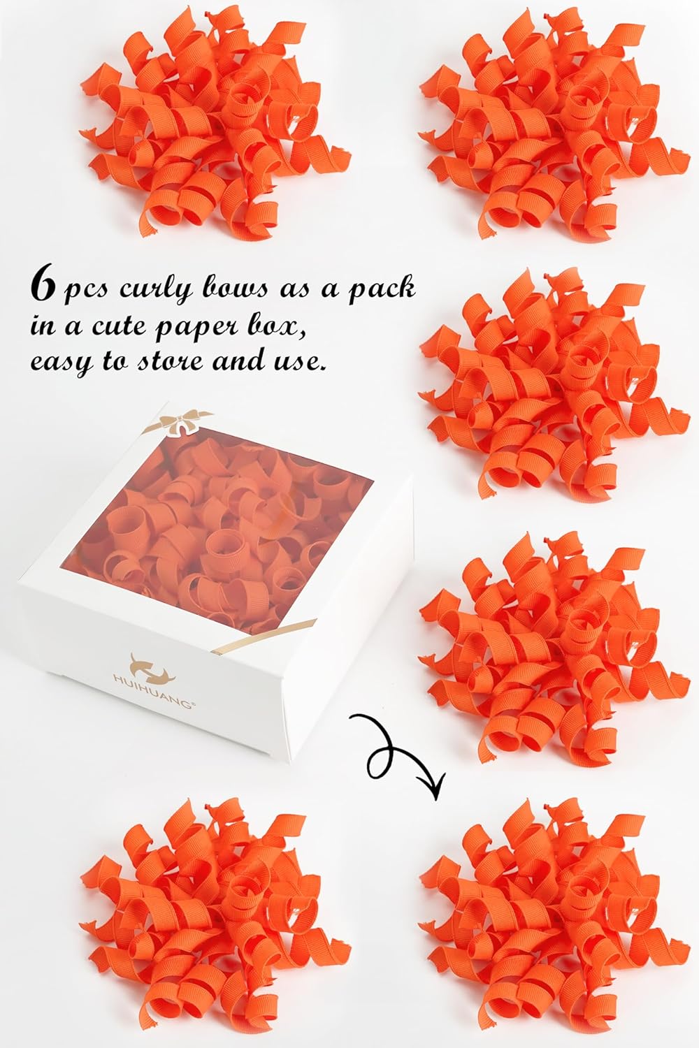 HUIHUANG Curly Ribbon Bows for Gift Wrapping, Orange Gift Bows Self Adhesive Burst Gift Bows for Present Box, Wine Bottle, Treat Bags, Wrap Accessories, Bridal Shower Wedding Party Favor - 6 Counts