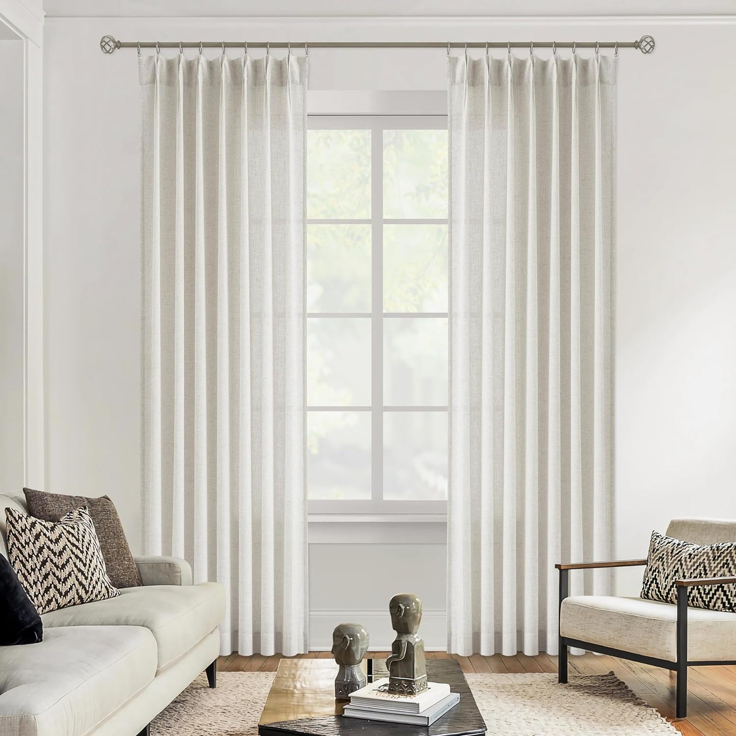 Vision Home Natural Pinch Pleated Semi Sheer Curtains Textured Linen Blended Light Filtering Window Curtains 108 inch for Living Room Bedroom Pinch Pleat Drapes with Hooks 2 Panels 9ft 42" Wx108 L