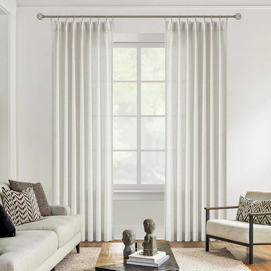 Vision Home Natural Pinch Pleated Semi Sheer Curtains Textured Linen Blended Light Filtering Window Curtains 108 inch for Living Room Bedroom Pinch Pleat Drapes with Hooks 2 Panels 9ft 42" Wx108 L