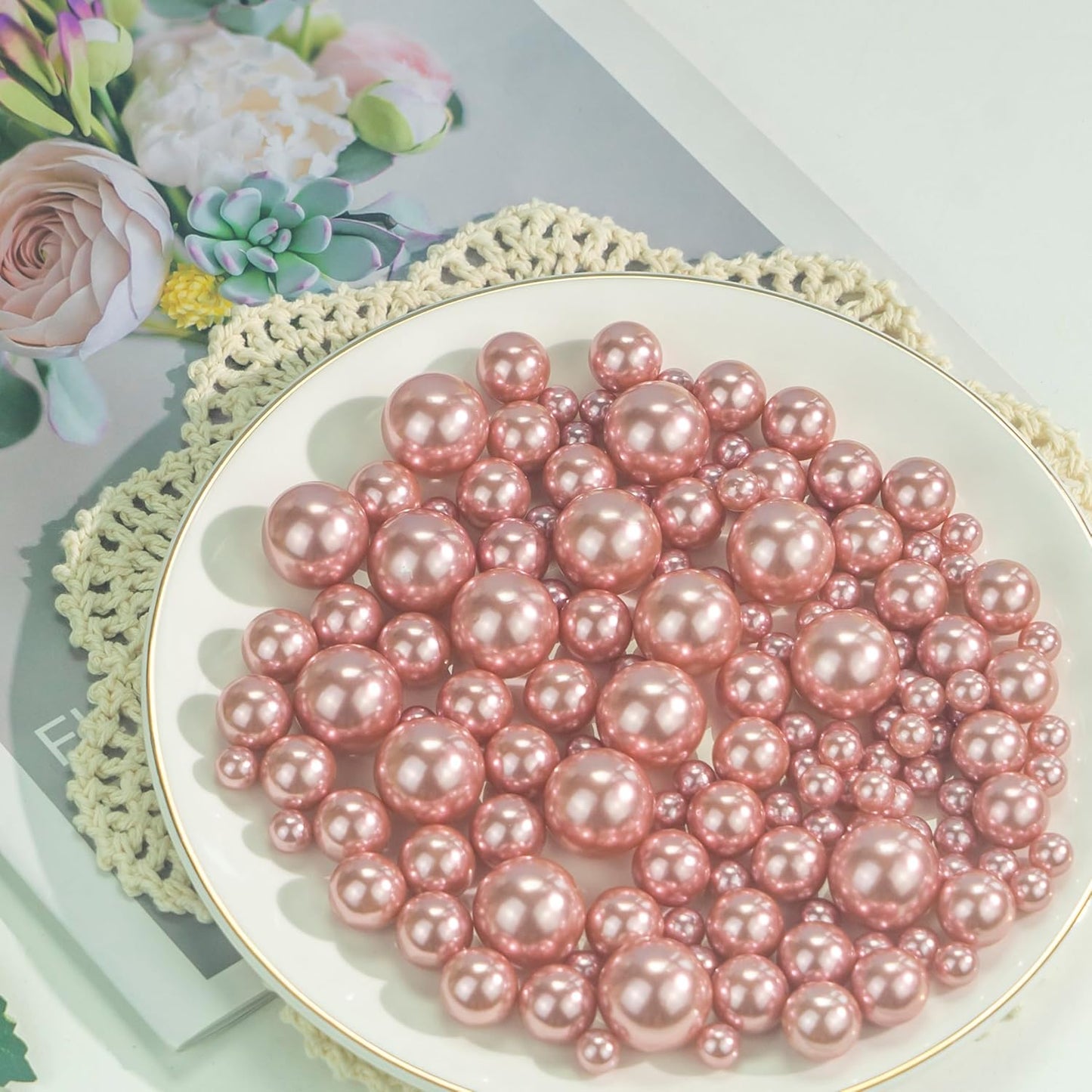 150Pcs Rose Gold Polished No Hole Faux Pearl Beads for Vase Filling Decorations, Plastic Pearls Vase Fillers, Table Scatters, Wedding Centerpiece, Home Decor, 8/14/20 mm