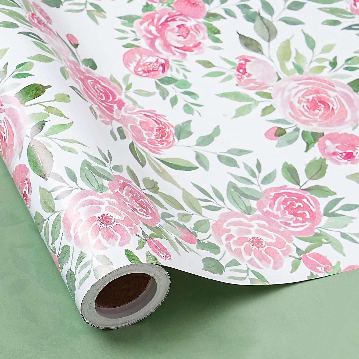 RUSPEPA Reversible Floral Wrapping Paper Roll for Girls Women, Mini Roll, Pink Rose Design and Green Solid Color, Elegant Gift Wrap for Birthday, Mother’s Day, Bridal Shower, 17 Inches x 16.4 Feet