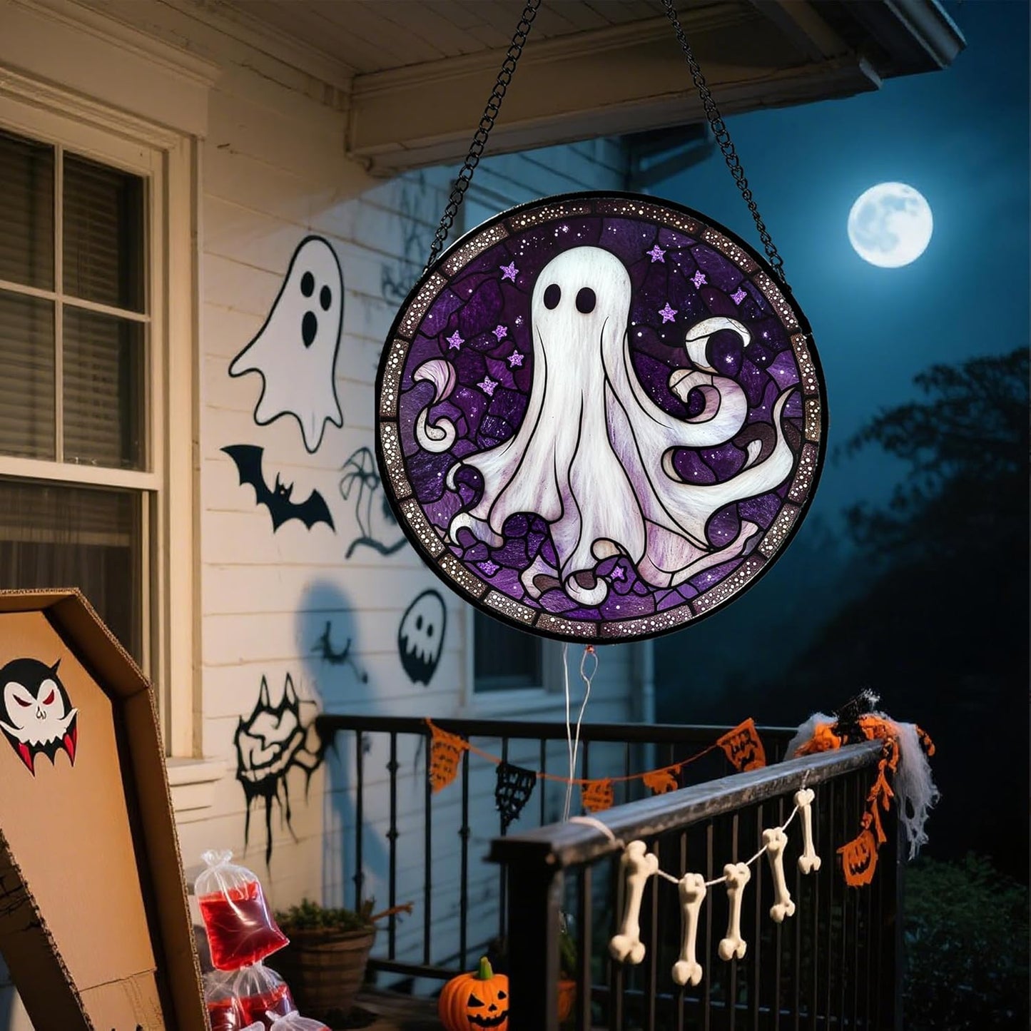 Stained Glass Window Hanging - Halloween Decorations White Ghost Purple Stars Suncatcher for Doors Garden Spooky Funny Sun Catchers Gothic Decor Horror Gifts for Women Men Friend 15 in