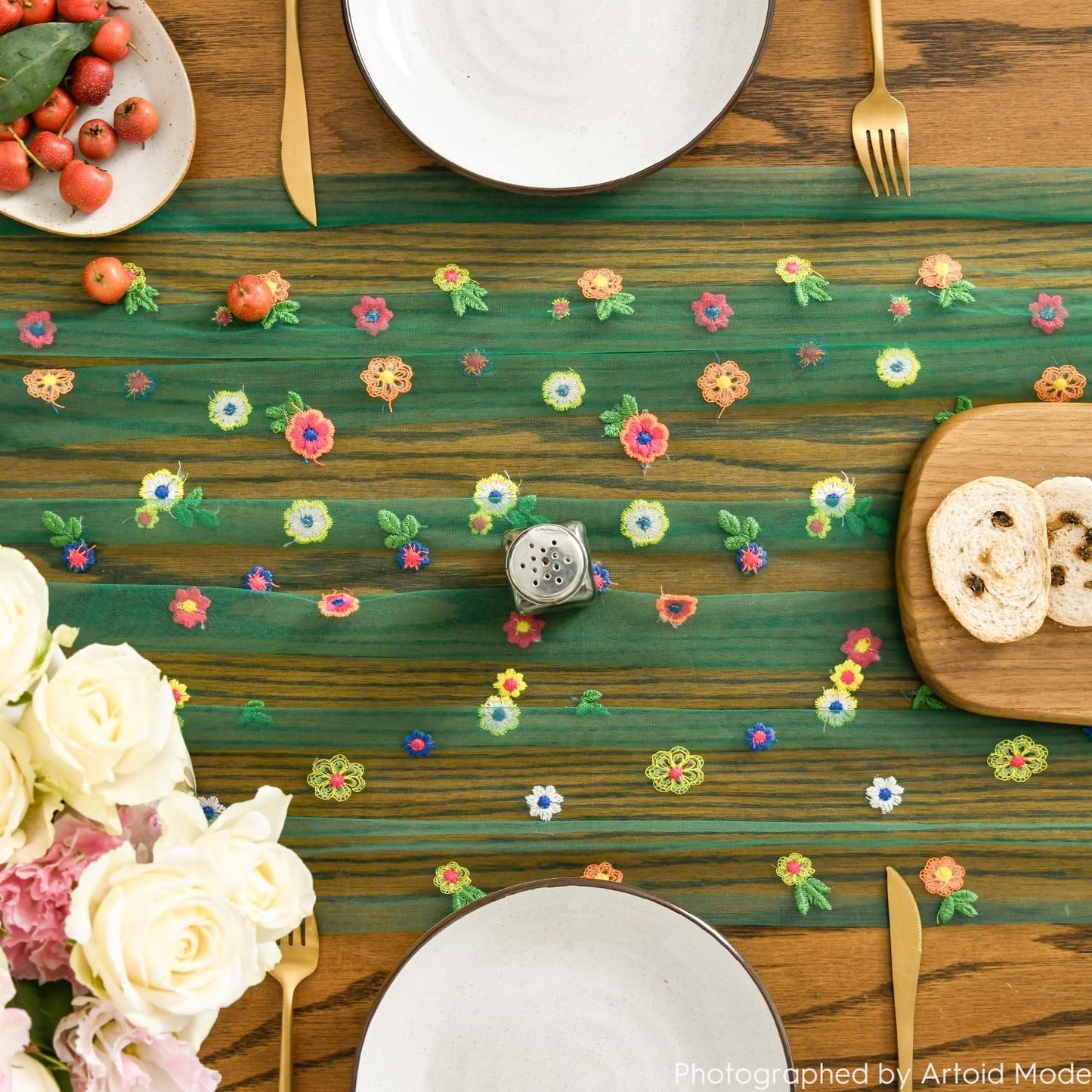 Artoid Mode 3PCS Dark Green Embroidery Daisy Gauze Table Runner 120 Inch 10FT, Seasonal Sheer Dining Holiday Wedding Birthday Table Decor for Home Party