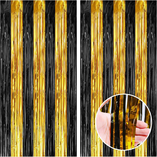 CANREVEL 2 Pack 3.3x8.2 Feet Black and Gold Foil Fringe Backdrop Curtains, Tinsel Streamers Birthday Party Decorations, Fringe Backdrop for Graduation, Baby Shower, Happy New Year, Disco Party