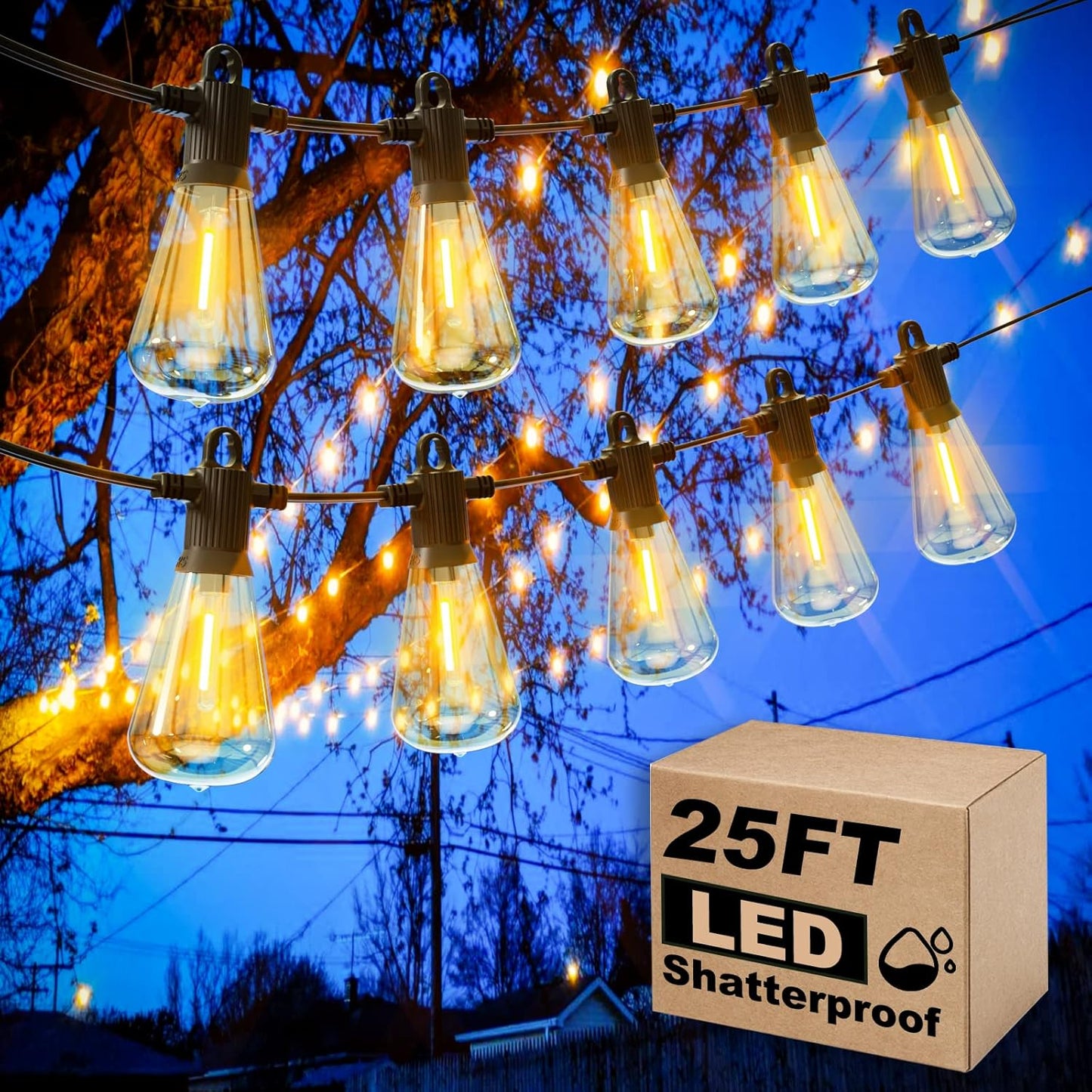 25ft Outdoor String Lights, LED Patio Hanging With 12 Shatterproof Bulbs, Waterproof ETL Listed Bistro for Backyard Garden Cafe