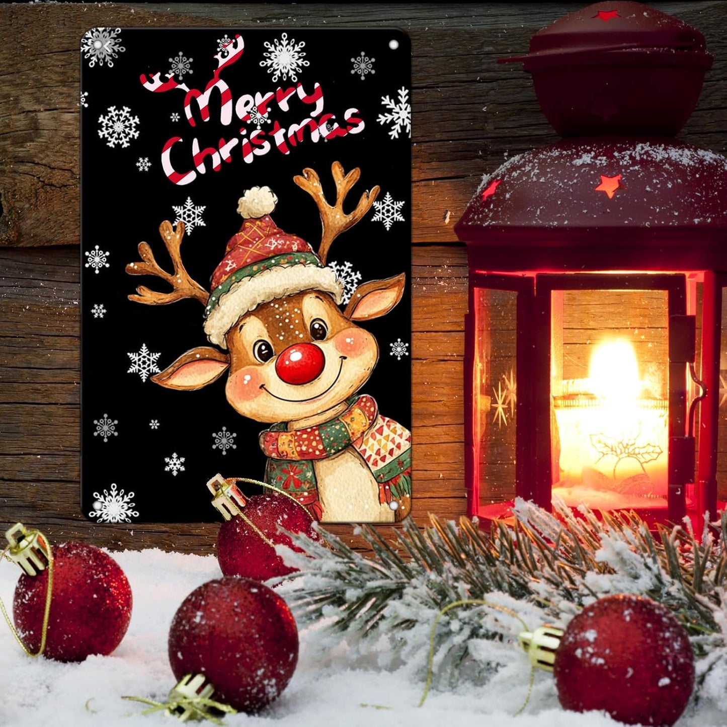 Christmas Reindeer Metal Tin Sign - Merry Christmas Sign for Outdoor & Indoor Decoration - 8x12Inch