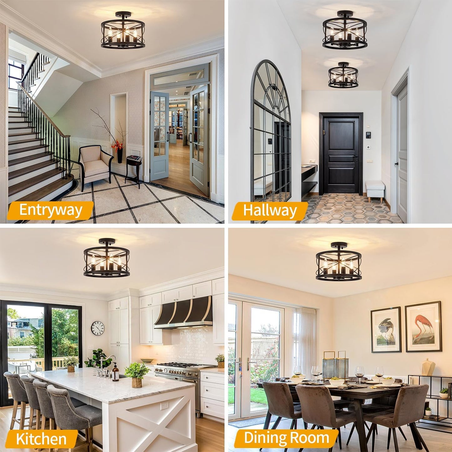 Black Semi Flush Mount Ceiling Light Fixture, 4-Light Farmhouse Modern Ceiling Light, Hallway Light Fixtures, Kitchen Lights, Ceiling Lamp for Entryway Dining Room Bedroom Laundry Lighting UL-Listed