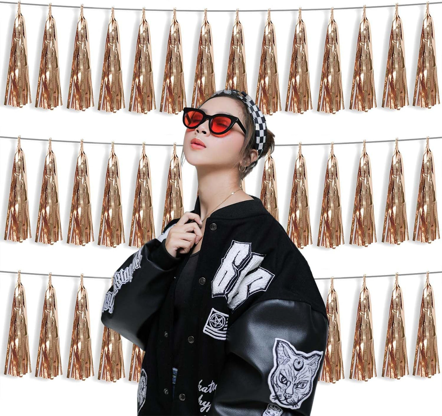 3P Metallic Fringe Tassel Banner Garland Foil Tinsel Streamer Wall Hanging Curtain Backdrop Banner for Parade Floats, Graduation Decorations, Wedding Party Decoration(Champagne Gold)