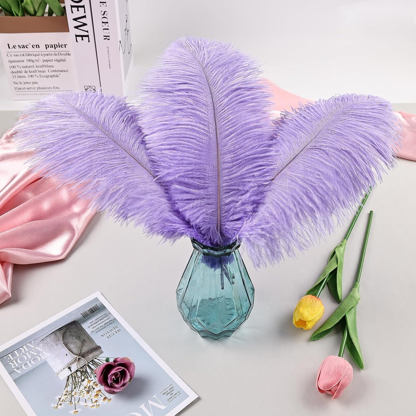 THARAHT Lavender Ostrich Feathers 12pcs Natural Bulk 8-10Inch 20cm-25cm for Crafts Wedding Party Centerpieces Flower Arrangement Easter Gatsbi and Home Decoration Feather