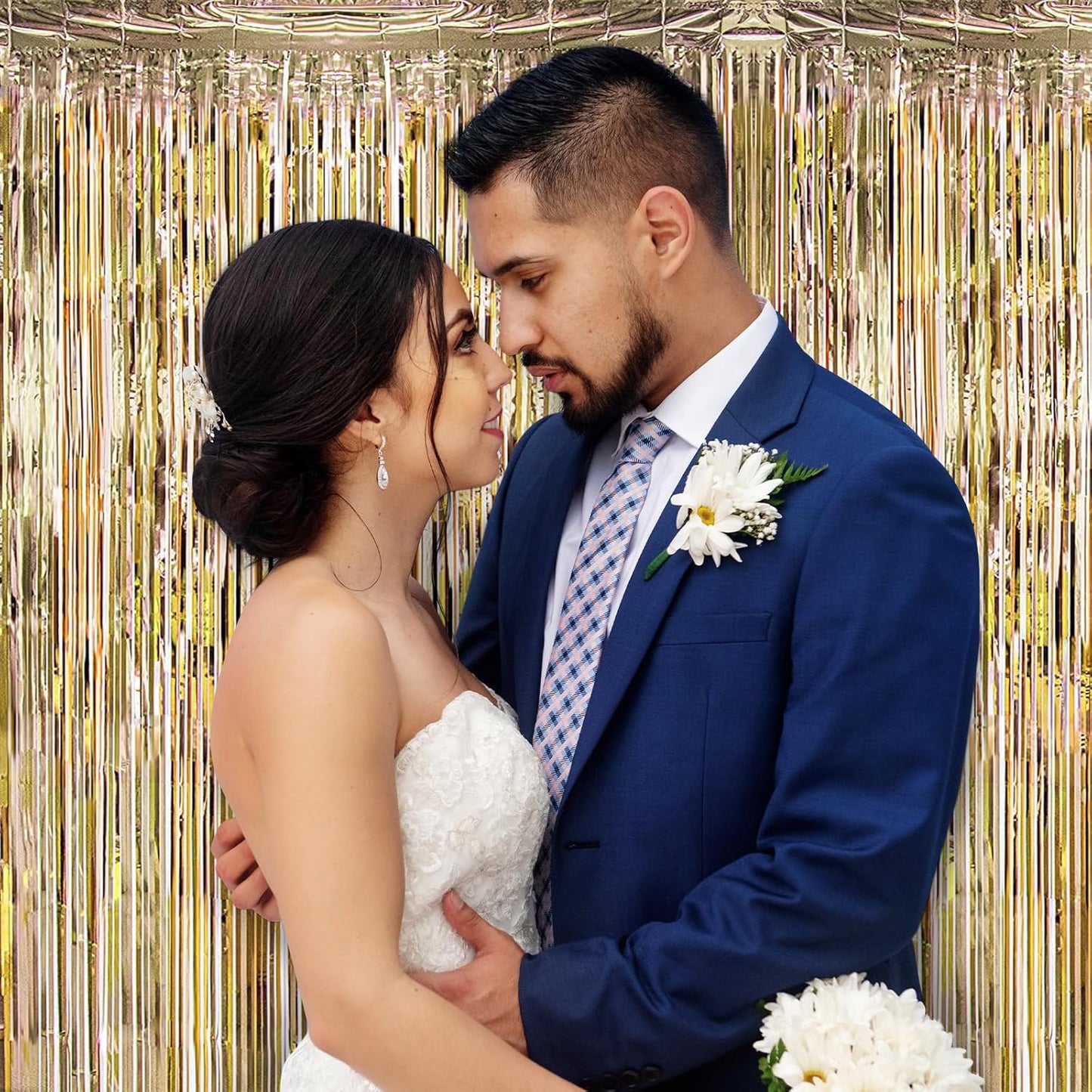 30 Pack Champagne Gold Foil Fringe Curtain Backdrop, 3.3x8.2 Feet Metallic Tinsel Streamer Curtains Photo Booth Props for Engagement/Wedding/Bridal Shower/New Year/Valentine's Day Party Decorations