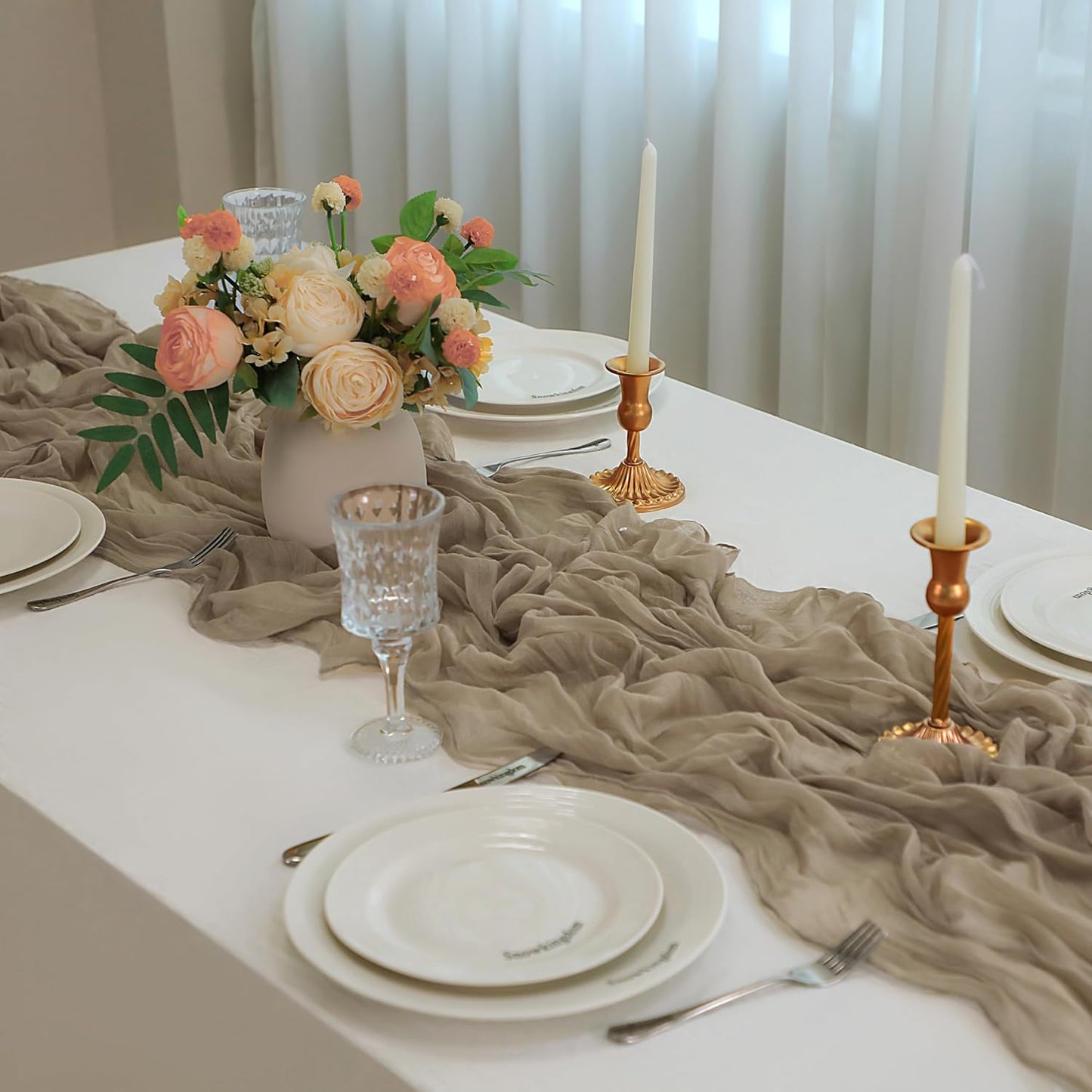 Snowkingdom 6PCS 10 FT Nude Brown Cheesecloth Table Runner, 120 inch Long Cheese Cloth Boho Rustic Gauze Sheer Runner for Wedding Party Baby Shower Birthday Christmas Holiday Table Decorations