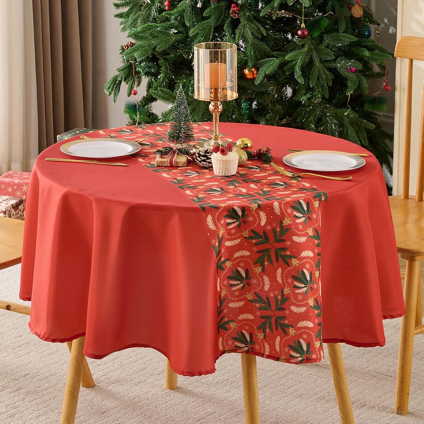 Christmas Tablecloth Round 60 Inch Waterproof, Machine Washable Checkered Polyester Table Cover for Xmas Party, Winter Holiday Home Decoration in Festive Red 1pack