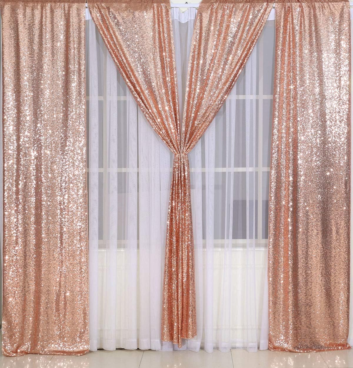 2ft x 8ft Rose Gold Sequin Backdrop Curtains Photography 2 Panels for Party Decoration, Rose Gold