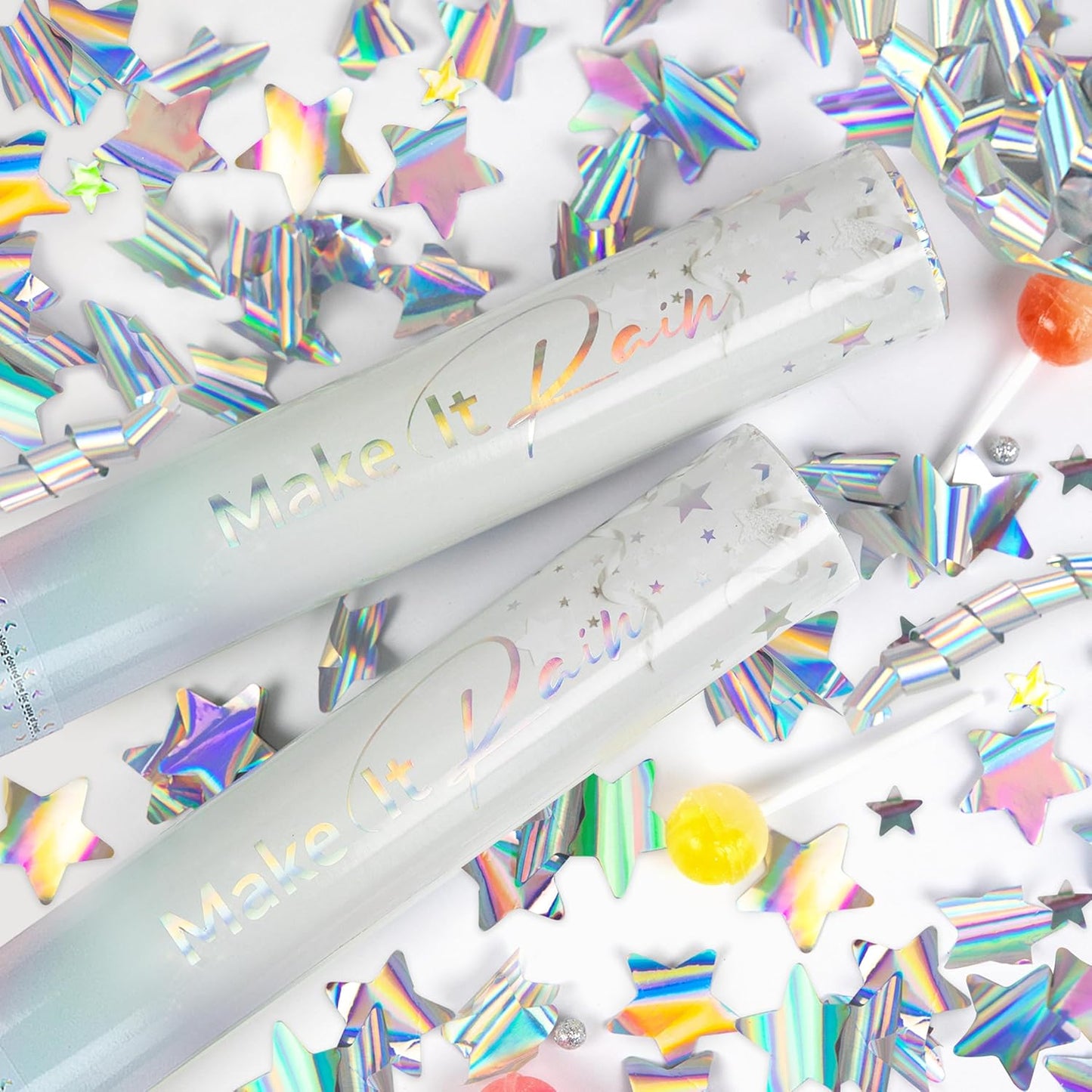 PrimePure Confetti Cannon Party Poppers - Holographic Silver Stars Confetti Popper - 2 Pack - Easy-to-Use Party Cannon - Silver Glitter Star Pop Gun for Graduation, Wedding, Birthday, Prank