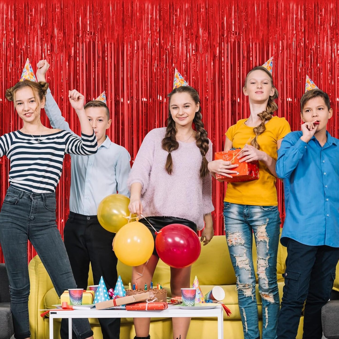 Red Fringe Curtain Party Streamers, 12 Pack 3.3ft x 8.2 ft Foil Curtain Backdrop Tinsel Foil Fringe Curtains Photo Booth Backdrop Streamer for Birthday, Wedding, Baby Shower, Disco Party