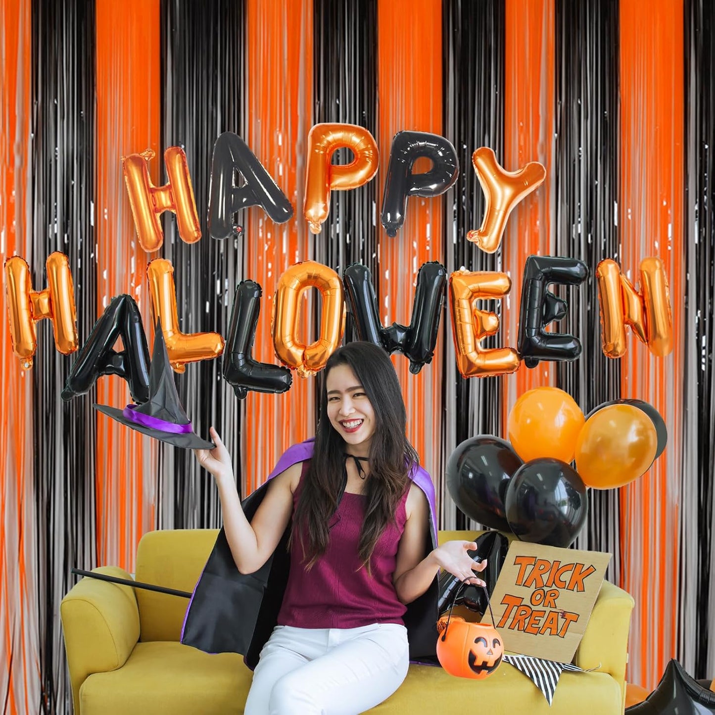 Halloween Party Decorations Tinsel Foil Fringe Curtains Party Backdrop, Melsan 3.2 x 8 ft Streamer Backdrop Tinsel Curtains for Birthday, Graduation, Halloween Party Decor - Pack of 2