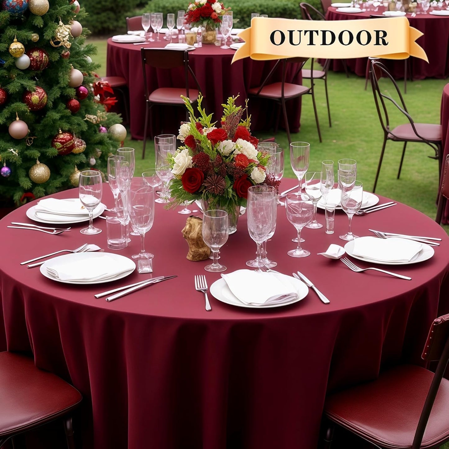 sancua Round Tablecloth - 108 Inch - Water Resistant Spill Proof Washable Polyester Table Cloth Decorative Fabric Table Cover for Dining Tables, Buffet Parties and Camping, Burgundy