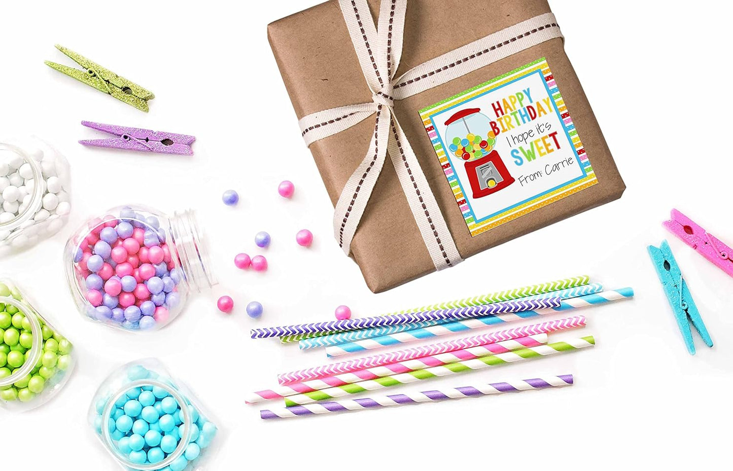 Custom & Personalized Sweet Gumball Happy Birthday Gift Tag Sticker Labels, 24 2.5" Square Stickers by Amanda Creation