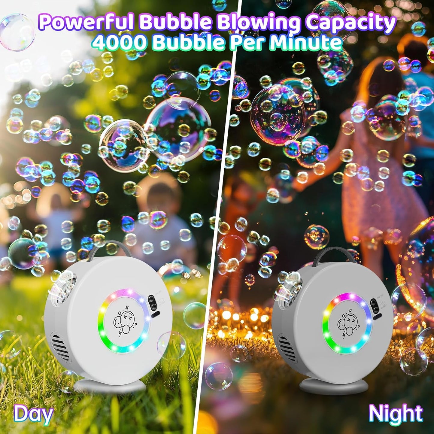Bubble Machine for Kids Toddlers,90° 360° Auto Rotatable Portable Bubble Maker Toy for 3 4 5 Year Old, Automatic Bubble Blower with RGB Light Rechargeable, Outdoor Wedding Party Birthday Gifts