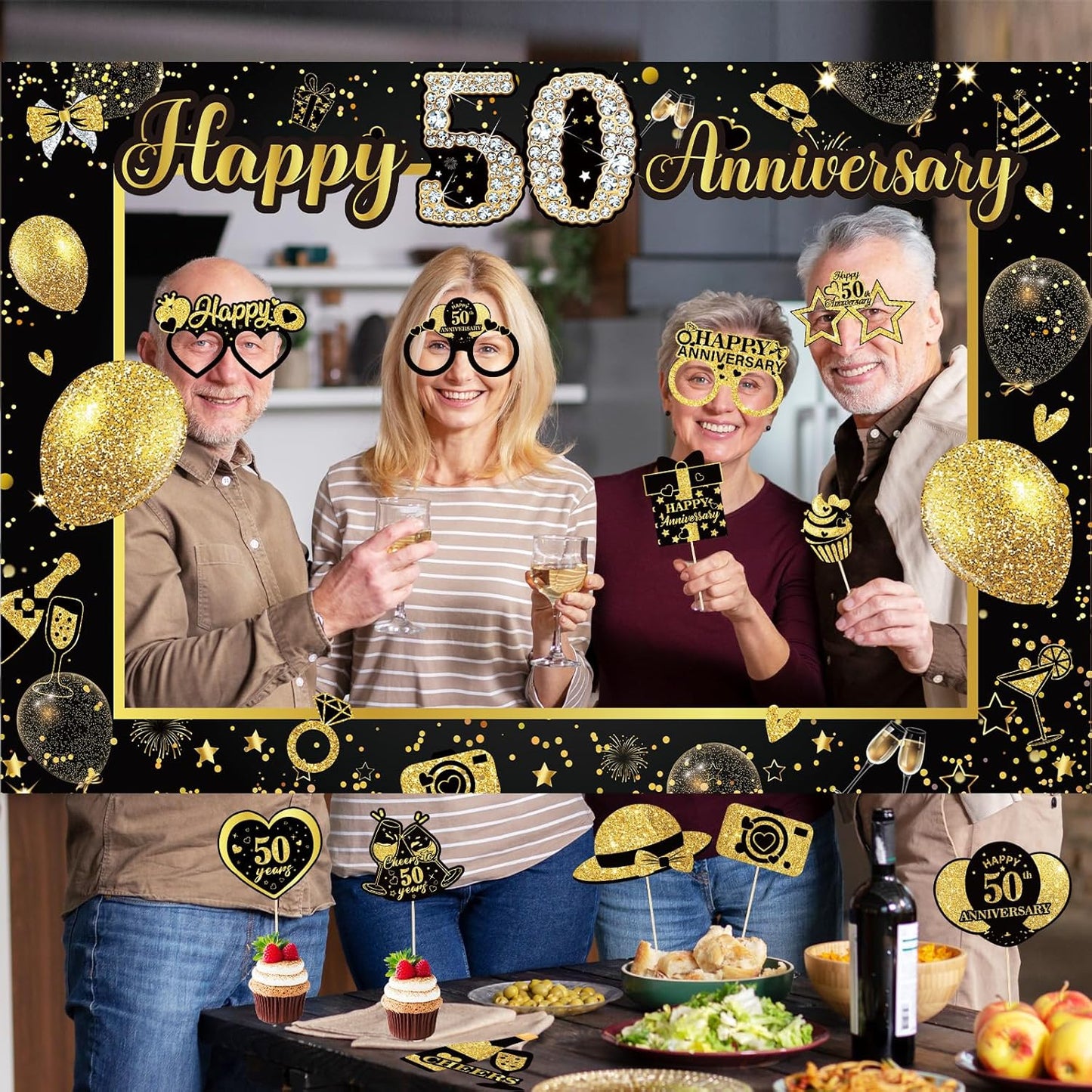 50th Wedding Anniversary Decorations Black Gold 50th Wedding Anniversary Party Photo Booth Props and Selfie Frame Silver Happy 50 Years Anniversaries Party Supplies for Women Men Cheers to 50 Years