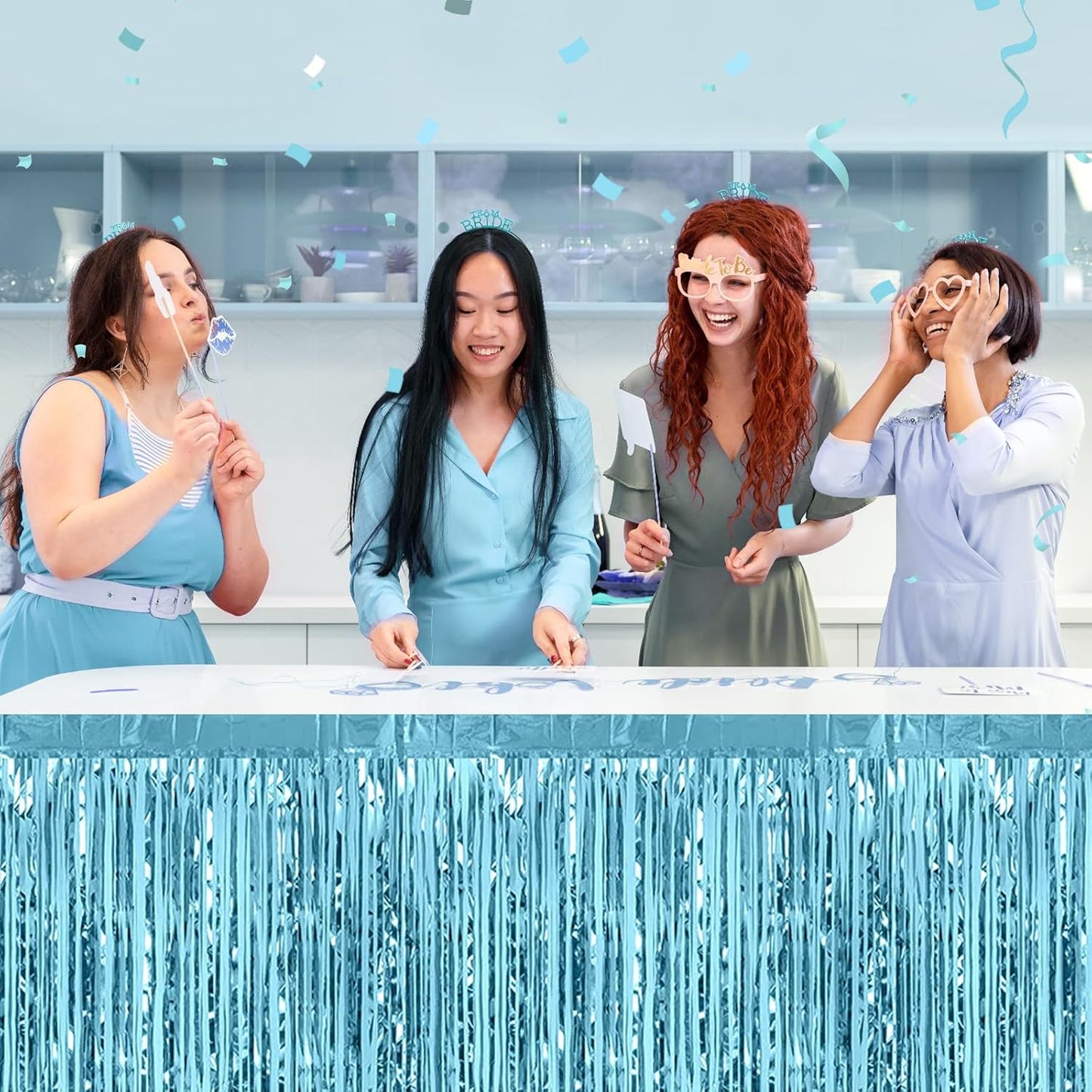 3 Pack 29 x108 Inch Light Blue Foil Fringe Table Skirts Metallic Banner for Tinsel Streamer Garland Backdrop for Parade Floats Wedding Thanksgiving Birthday Christmas New Year Party Decoration