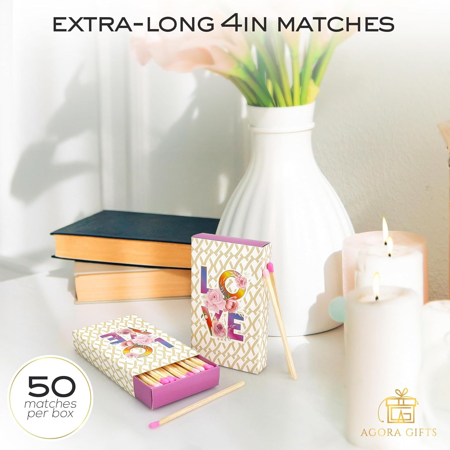 Decorative Matches Box -4-Inch Long Matches for Candles with Strike - Wooden Colorful Candle Sticks with Rainbow Tips - 50 Pc Match Sticks - Matchbox Designs of Your Choice (2 Unique Box Designs)