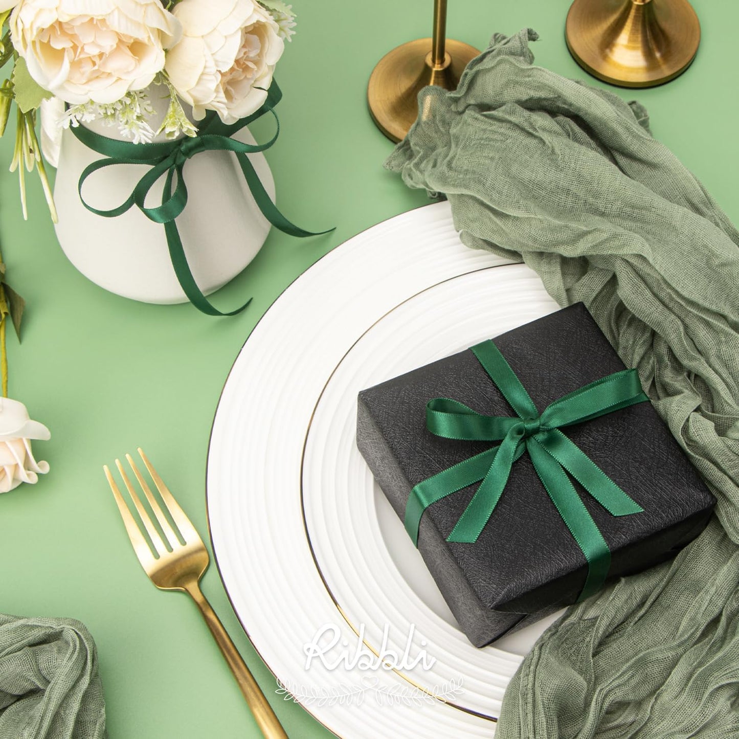 Ribbli Double Faced Forest Green Satin Ribbon,3/8” x Continuous 25 Yards,Use for Bows Bouquet,Gift Wrapping,Floral Arrangement