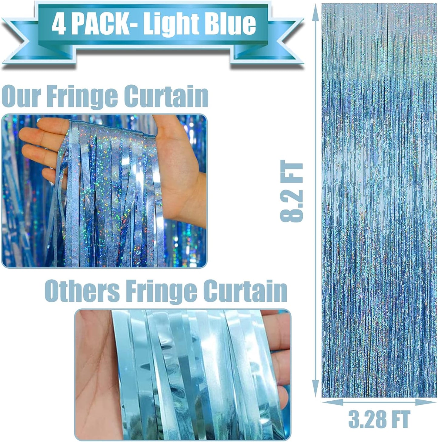 4p Pack Sky Blue Tinsel Foil Fringe Curtain Backdrop, 3.28Ft x 8.2Ft Metallic Streamers for Photo Booth Props Wedding Bridal Shower Bachelorette Birthday Christmas Party Decoration