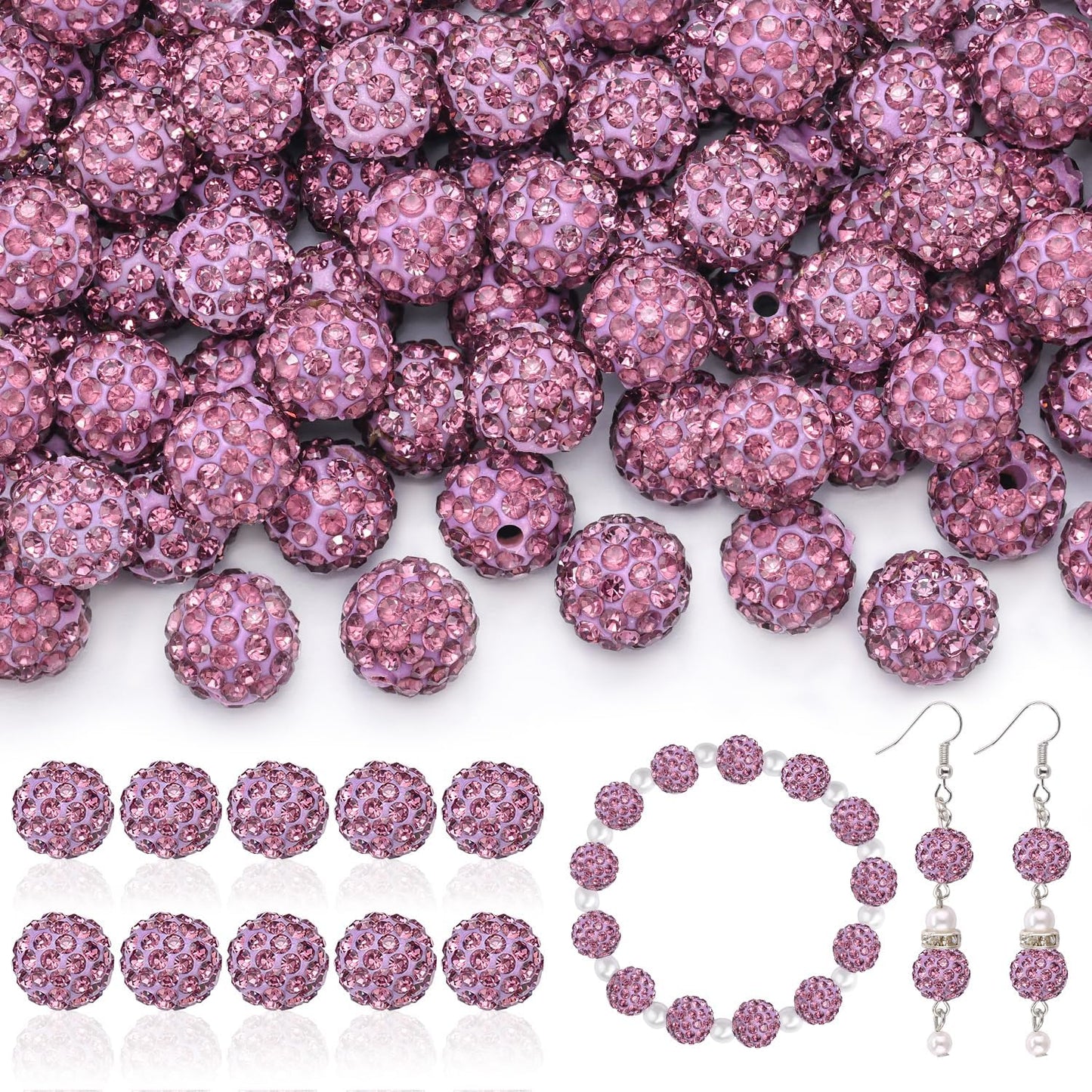105pcs 10mm Rhinestone Beads for Jewelry Making, Light Purple Shiny Round Disco Beads Bulk, Sparkle Crystal Clay Christmas for Bracelet Baseball Necklace Earring Crafting and DIY