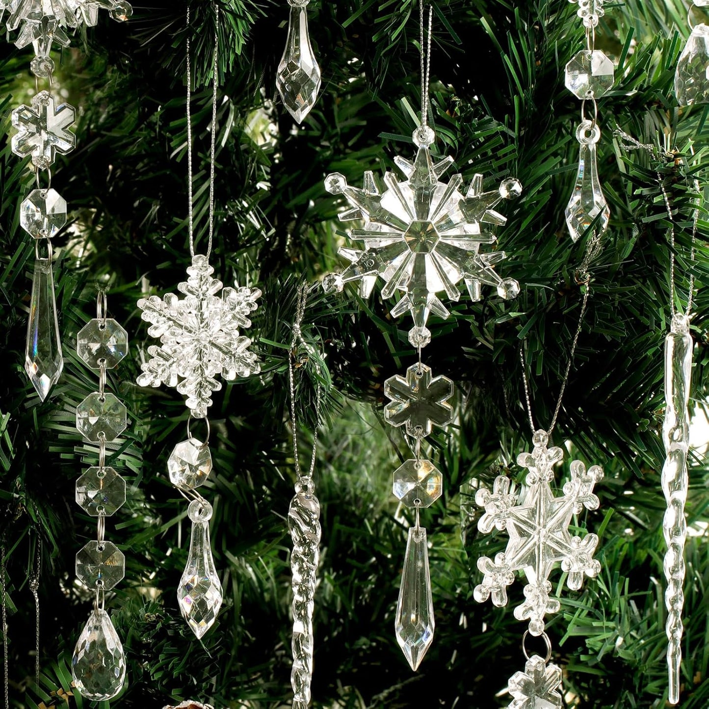 20pcs Christmas Ornaments Set for Tree - Hanging Acrylic Crystal Snowflake Icicle Drop Decorations for Winter Christmas Tree, New Year Party Supplies