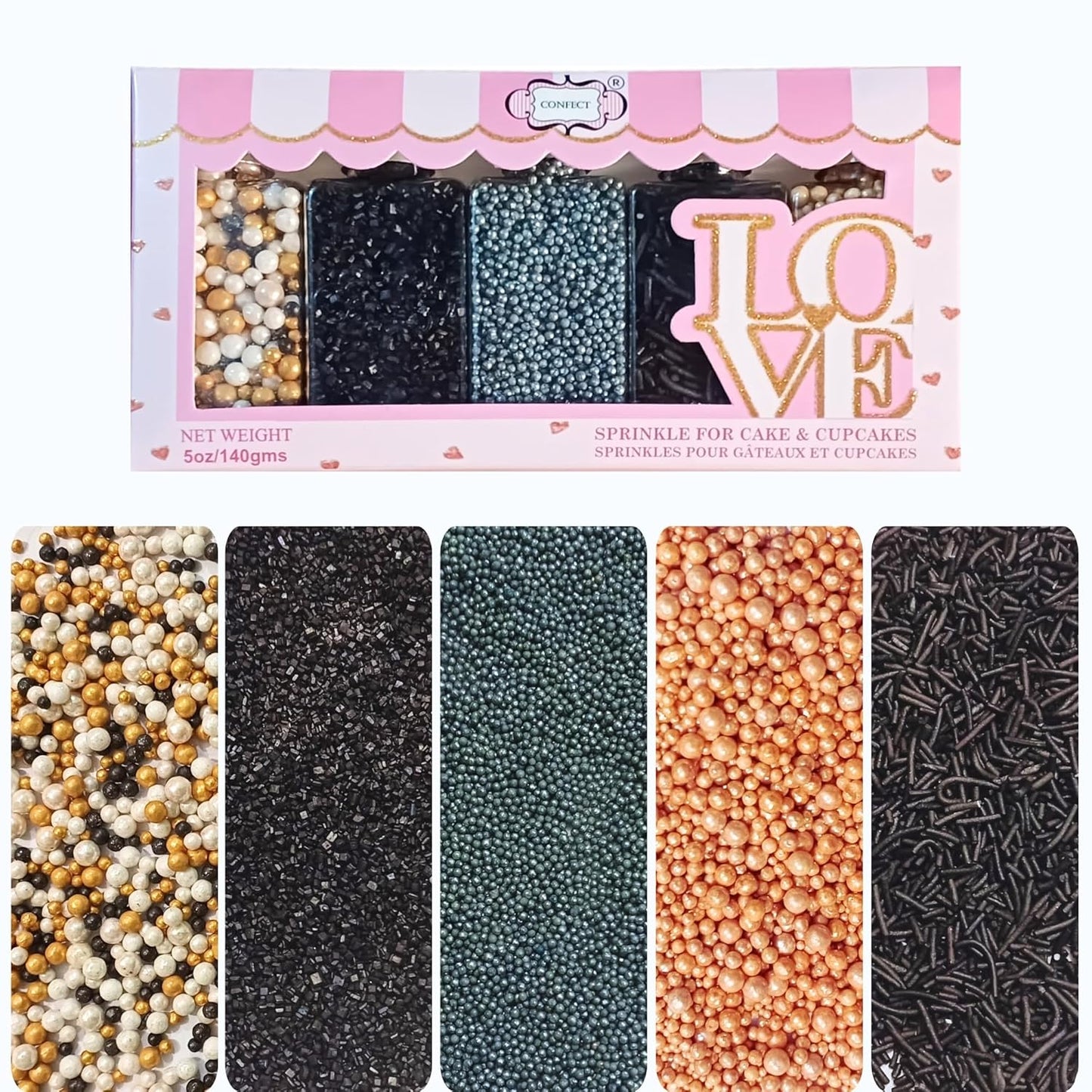 Confect Masquerade Sprinkles Mix – Champagne Gold & Black Pearl Dragees, Black Jimmies & Sparkling Sugar | Edible Sprinkles for Cakes, Cupcakes & Desserts | Vegan, Gluten-Free, Nut-Free, Soy-Free, Dairy-Free, Palm Oil-Free- 5 Oz