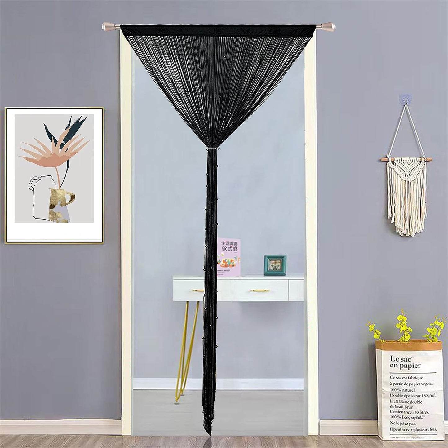 Beaded Doorway Curtain Door Beads Dense String Curtains Fringe Hippie Perfect for Wall Hanging Decor Room Divider Privacy Doors Window Closet Doorways Decorations (100x280cm,Black)