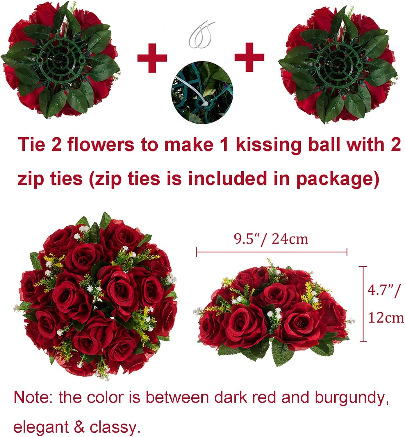 BLOSMON Flower Balls Wedding Rose Centerpieces: 6 Pcs Crimson Fake Flowers Kissing Balls Decor Artificial Floral Arrangements Flower Bouquet of Roses Home Party Table DIY Decorations