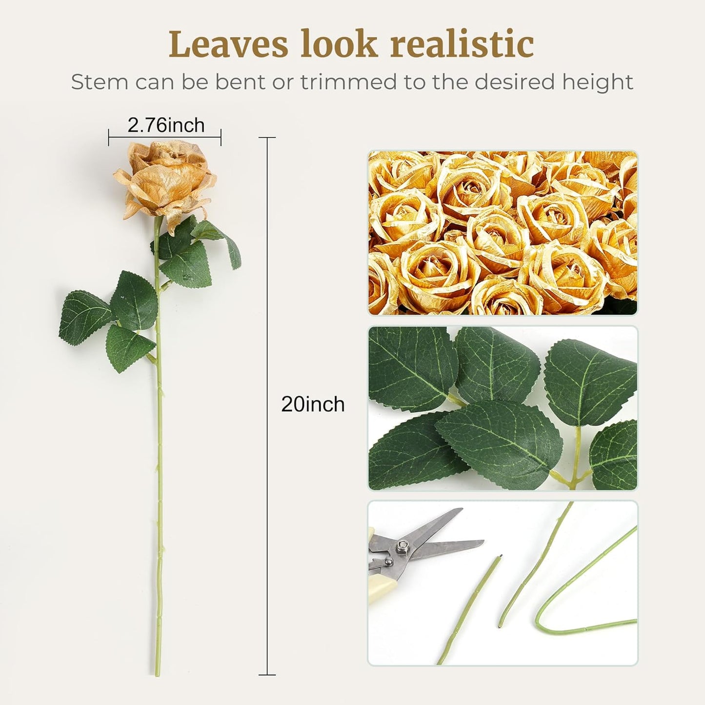 Auihiay 60PCS Gold Rose Artificial Flowers, Faux Silk Roses, Realistic Roses Bouquet for Anniversary, Baby Shower, Birthday, Graduation, Table Centerpieces, Cake Flower, Valentine's Day Decorations