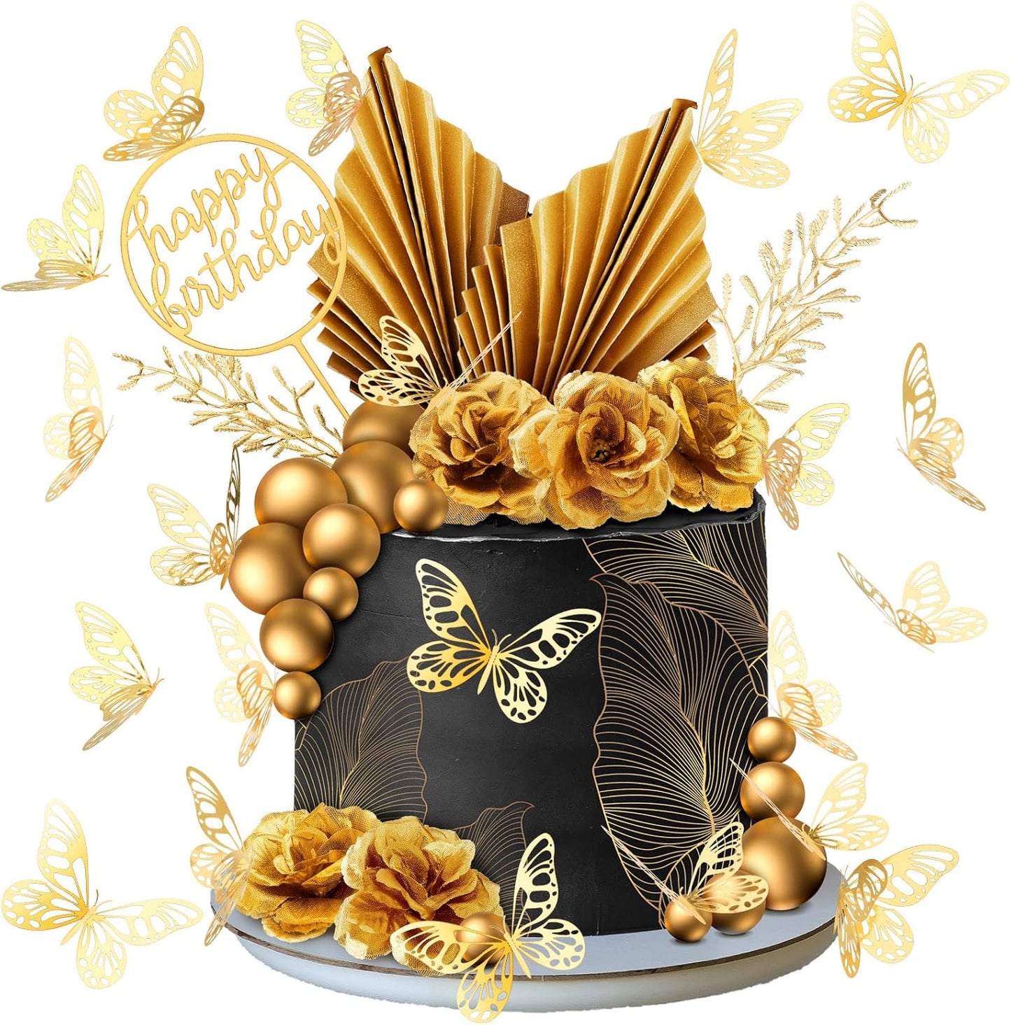 Shimeyao 52 Pcs Wedding Birthday Gold Cake Decoration Boho Cake Topper Pink Purple Flower Butterfly Palm Leaves Balls Toppers for Women Baby Shower Party Decoration(Gold)