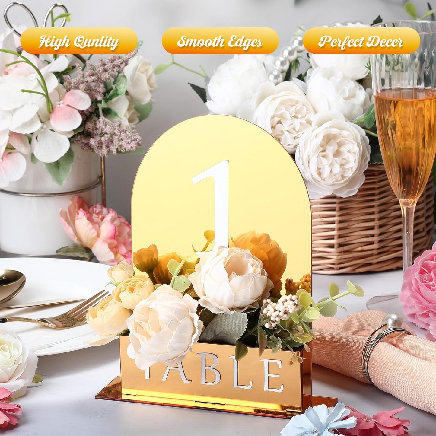Table Number 1-15 for Wedding Reception Arch Acrylic Wedding Table Number with Flower Trough 5" x 7" Mirrored Rustic Centerpiece for Reception Bridal Shower Party Catering Banquet(Gold)