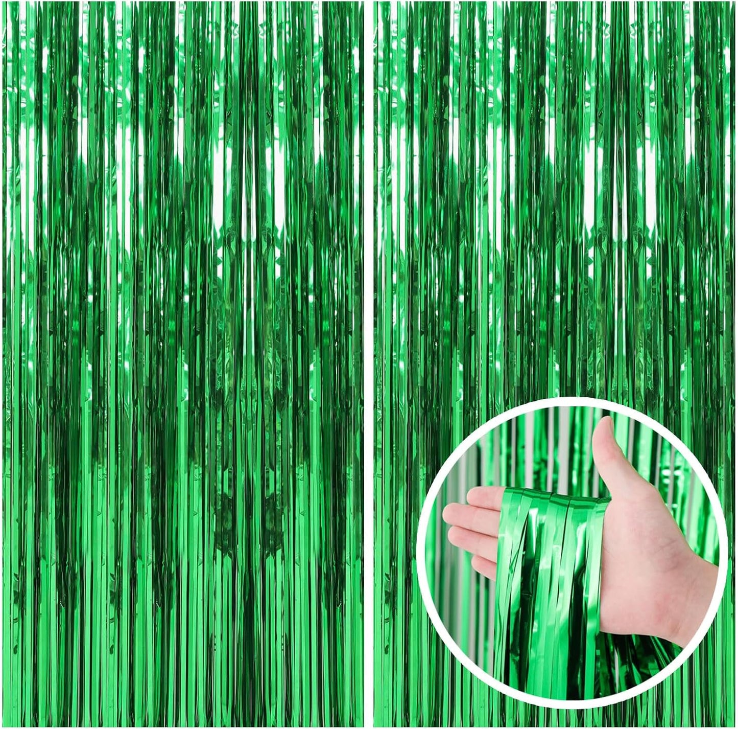 2 Pack Green Streamers Backdrop Jungle Party Decorations Foil Fringe Backdrop Curtains Photo Booth Backdrop for Birthday Dinosaur Animal St Patrick's Day Football Christmas Party Decorations