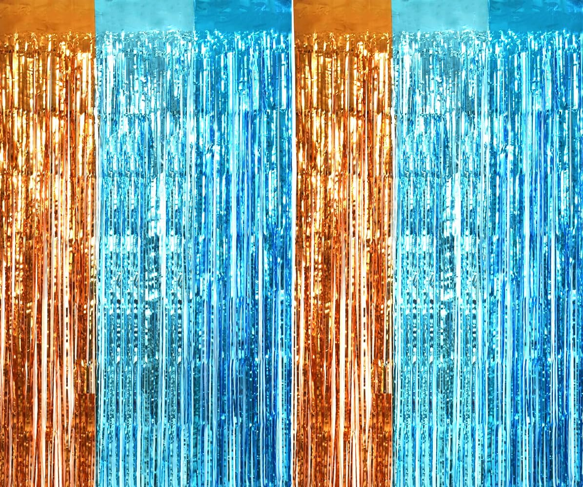 TONIFUL Orange Blue Door Streamers,Blue and Orange Photo Booth Backdrop Metallic Streamers Foil Fringe Curtain for Birthday,New Year,Graduation,Grad,Bachelorette Party Streamers Decoration