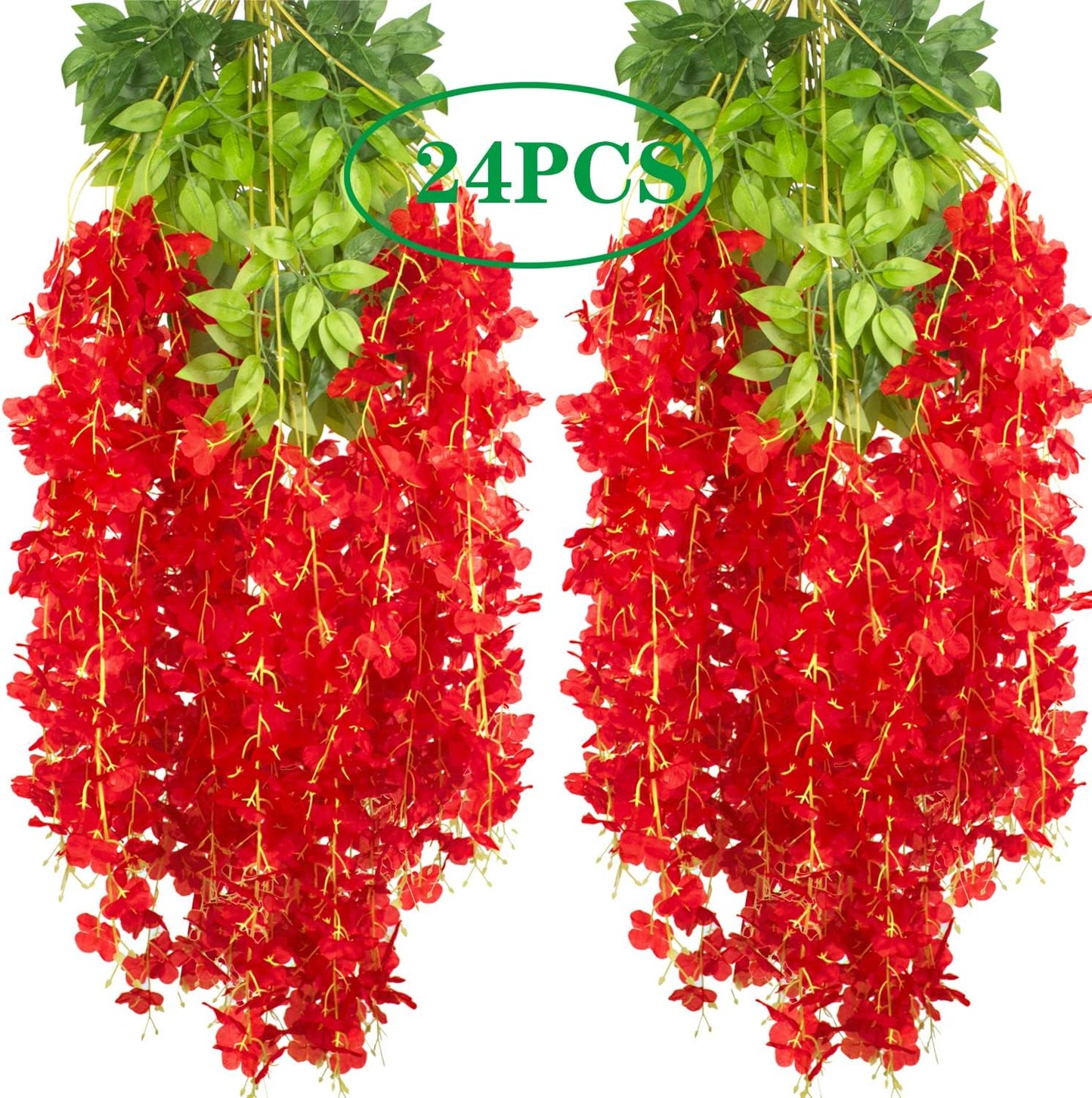 24 Pack Artificial Fake Wisteria Vine Ratta (3.75 Feet) Hanging Garland Silk Flowers String Home Party Wedding Decor (Red)