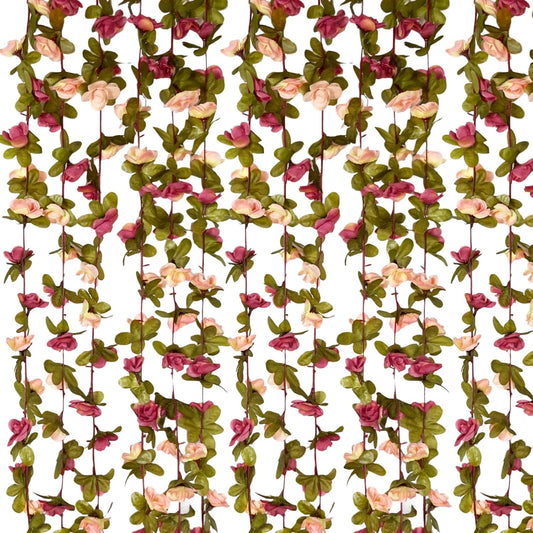 8Pcs 63Ft Dark Pink&Yellow Fake Rose Hanging Flowers, Artificial Flower Vine, Hanging Floral Vine Garland for Wedding, Wall Arch, Halloween, Christmas Garden Backdrop Decor