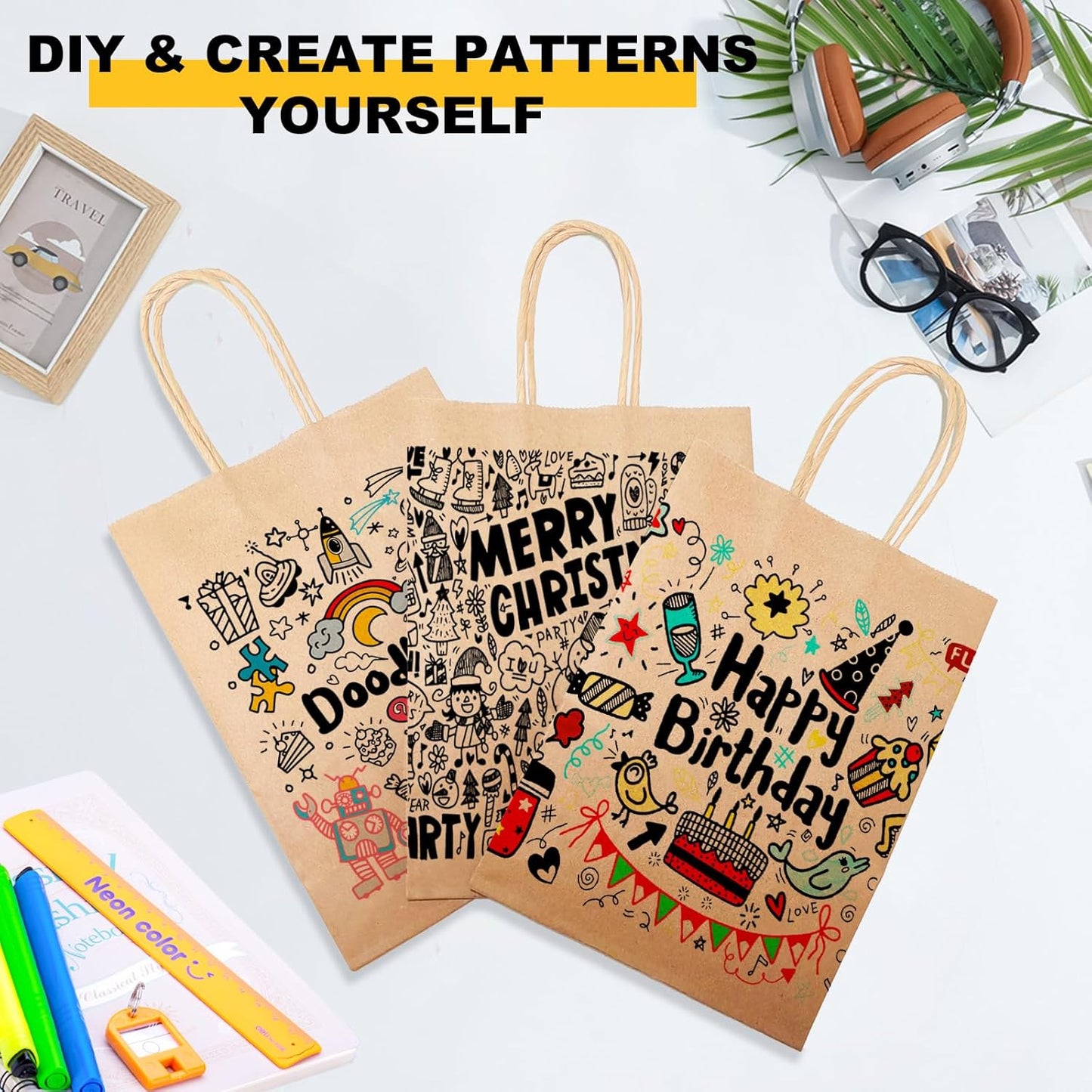 BAG BOX 50 Pack 5.9x3.1x8.25 Inch Brown Gift Bags with Handles,Bulk Kraft Paper Bags for Shopping, Retail, Merchandise, Wedding, Party Favors, Paper Grocery Sacks