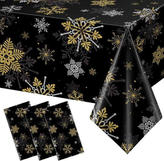 3Pcs Christmas Snowflake Party Tablecloths Decorations,Plastic Black and Gold Table Cloth,Winter Rectangle Table Cover for Christmas New Year Birthday Baby Shower Holiday Party Decorations,54x108 inch