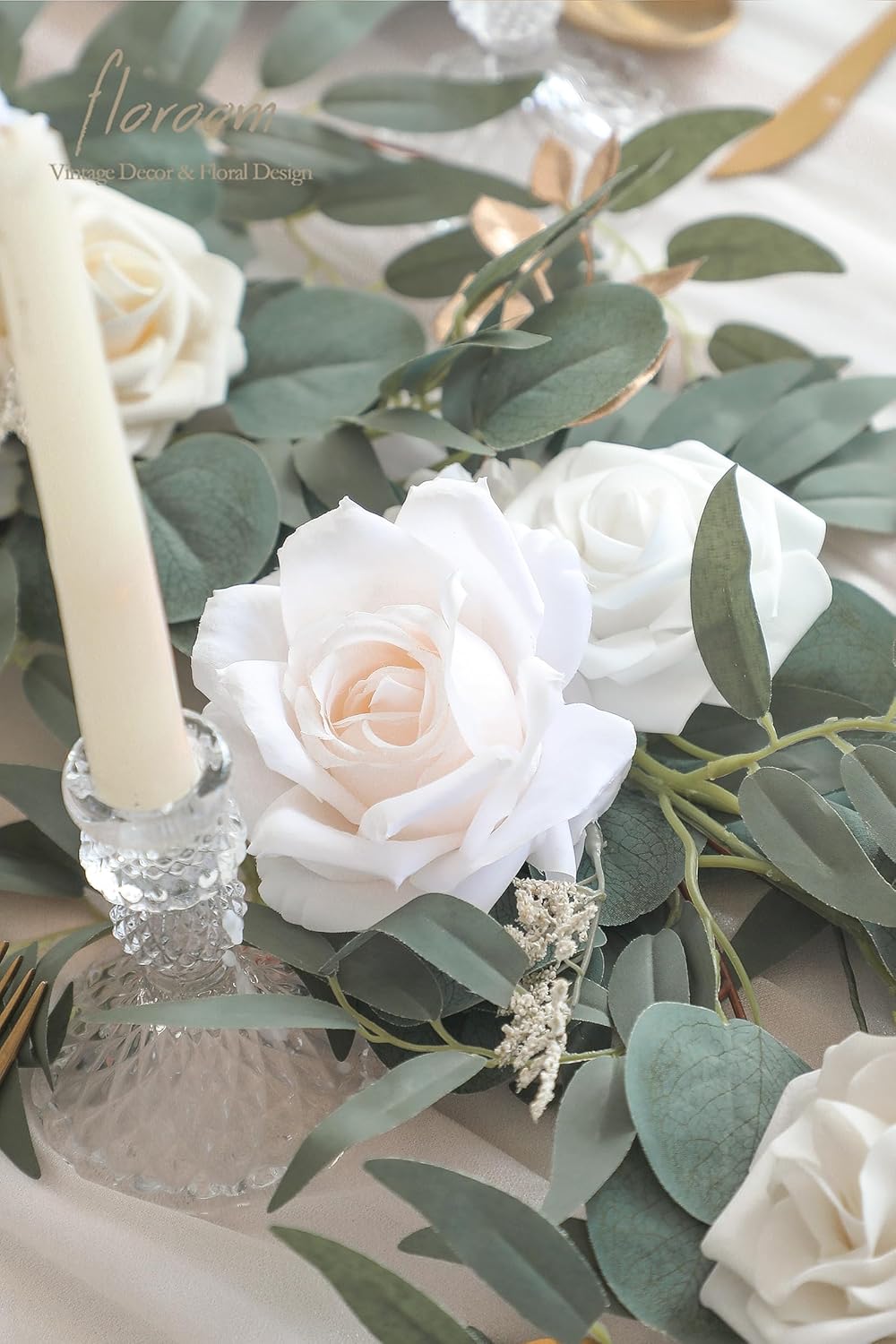 Floroom 6ft Artificial Eucalyptus Garland with Flowers Fake Greenery Faux Floral Vine Garland for Table Decor Wedding Centerpieces Bridal Shower Party Decorations, Cream White