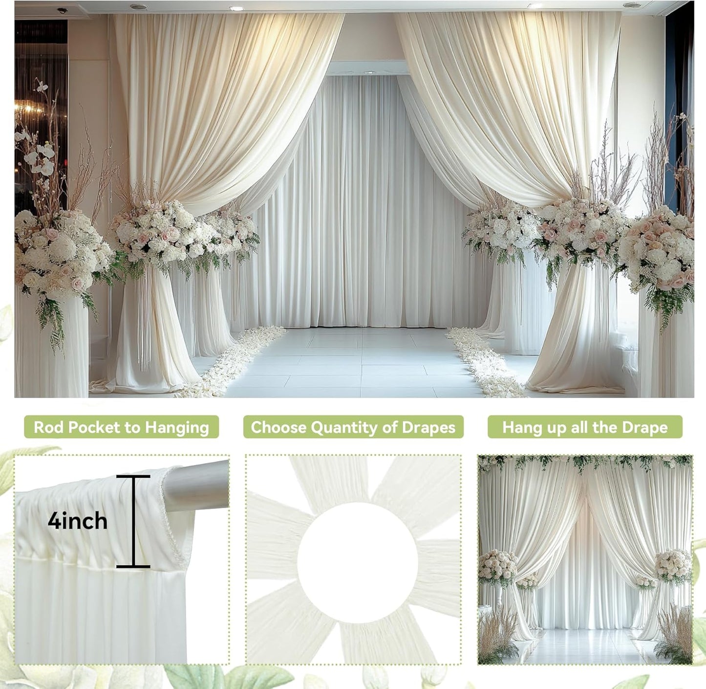 PartyVillage 50ft×15ft Ivory Backdrop Curtain for Wedding Parties, 10 Panels Wrinkle Free 15 FT Long Polyester Photo Backdrop Drapes Back Drop Cloth for Birthday Photography Background