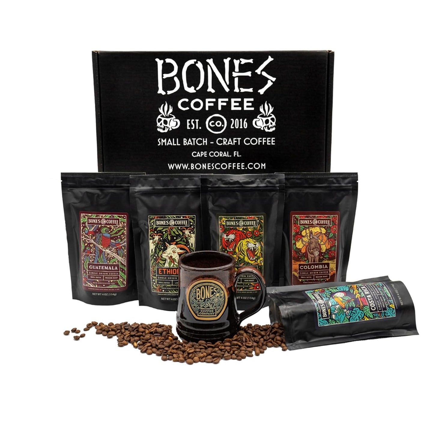 Bones Coffee Company NEW World Tour Sample Pack Box Set with Specialty Coffee Mug, 5 Assorted Single-Origin Low Acid Medium Roast Arabica Beans Flavored Coffee Gifts, 4 oz Pack of 5 Whole Bean