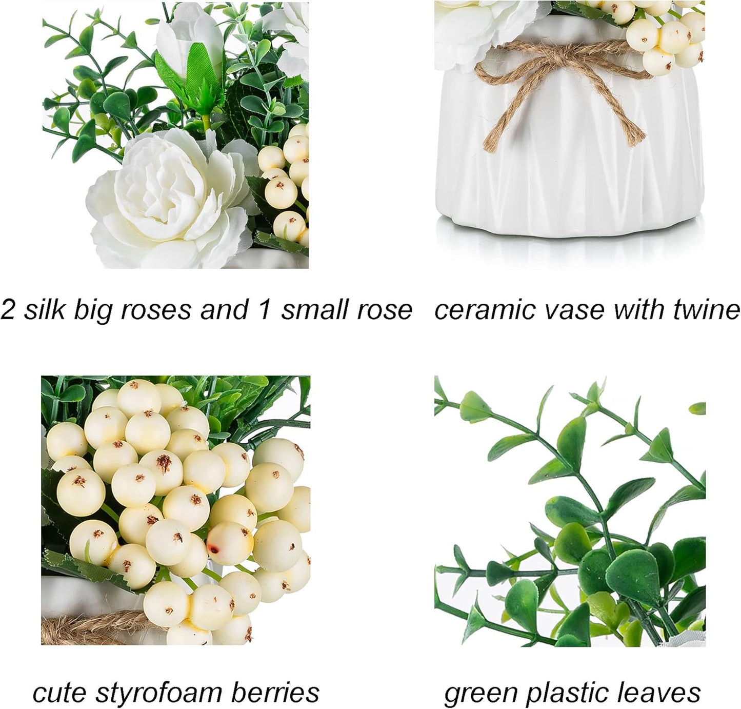 BLOSMON Table Decor Artificial Flowers Vase 7 Inch Small Fake Flower White Arrangement 2pcs Floral Arrangement for Tables Centerpieces Kitchen Dining Room Decorations Faux Flower in Vase Silk Roses