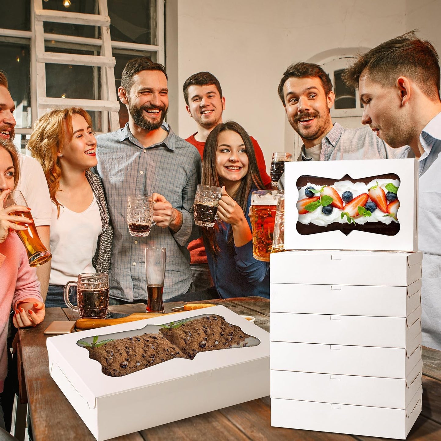 48pcs12x8x2.5 Inches Bakery Boxes,Cookie Boxes with 3Style for Window Bread,Treat，Chocolate,Strawberries,Dessert,Cakes,Donuts,Muffins,pastry